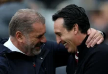 Ange Postecoglou's Tottenham are 16th in the Premier League while (right) Unai Emery's Villa are seventh