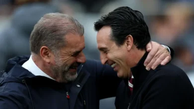 Ange Postecoglou's Tottenham are 16th in the Premier League while (right) Unai Emery's Villa are seventh