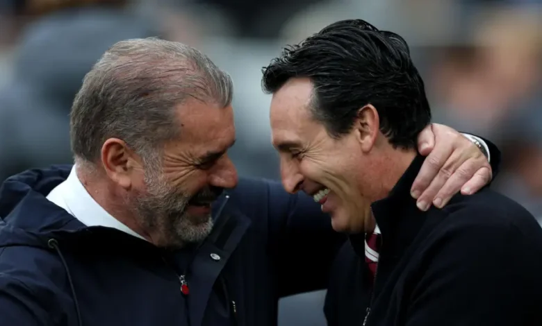 Ange Postecoglou's Tottenham are 16th in the Premier League while (right) Unai Emery's Villa are seventh