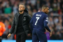 PSG coach Luis Enrique, left, and then-PSG forward Kylian Mbappe had a challenging relationship in the Frenchman's final season at the Paris club in 2023-24